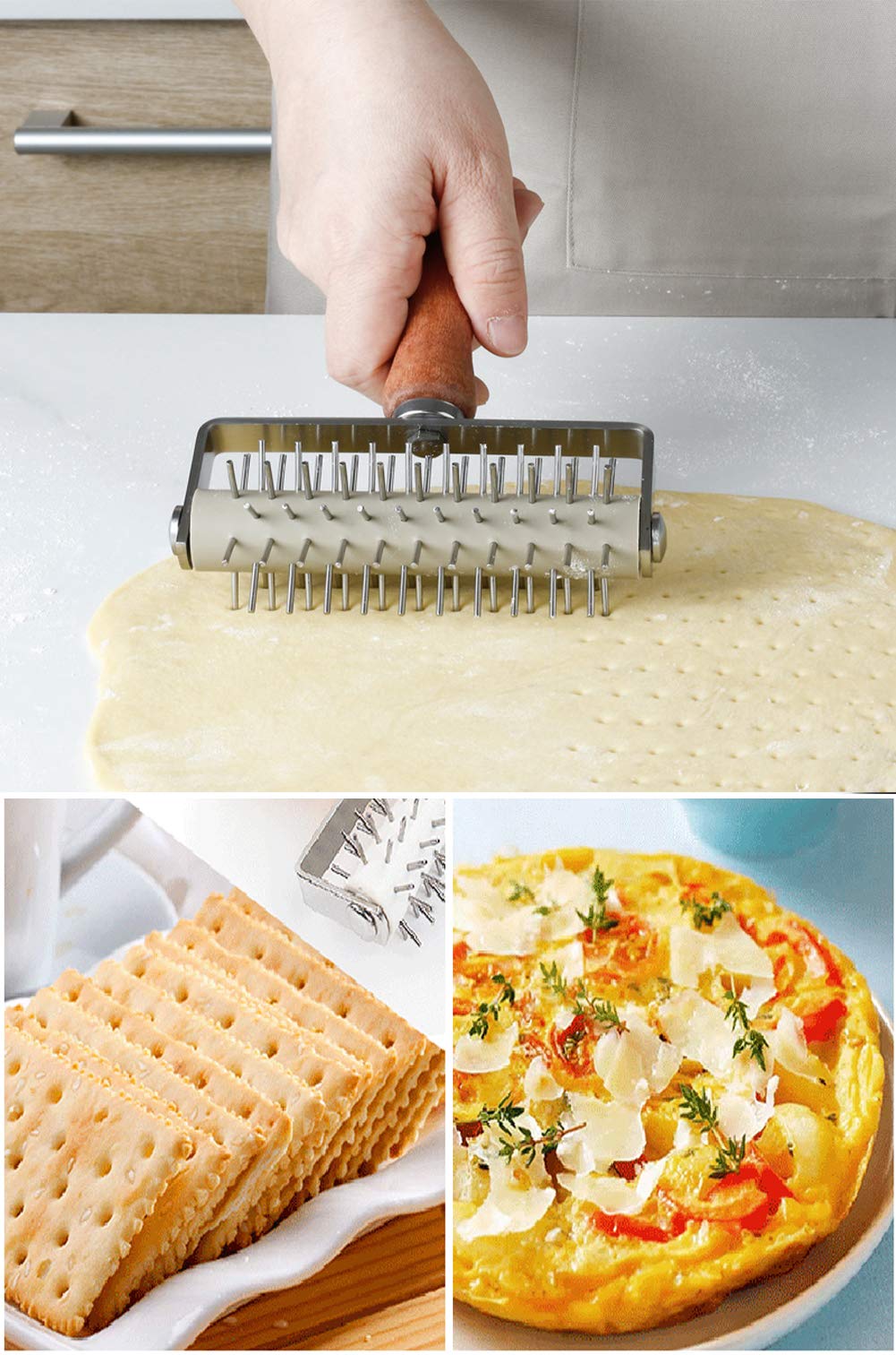 AMPSEVEN Pizza Dough Docker Roller - Pastry Docker Roller with Spike for Homemade Baking Cake crackers Pie Hole Maker, Prevent Dough from Blistering