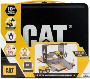 cat construction toys, store n go construction playset with travel case, ages 3+, 2 little machines vehicles & assortment of construction site accessories, quality, durable & realistic