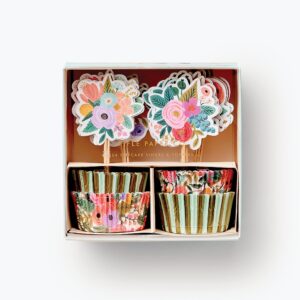 RIFLE PAPER CO. Garden Party Cupcake Kit, 24 Assorted Liners in 2 Designs, 24 Assorted Double Sided Toppers in 6 Designs, Standard Cupcake Size, Full Color and Foil Stamped