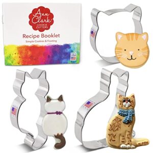 cat cookie cutters 3-pc. set made in usa by ann clark, cat face, sitting cat, curled cat