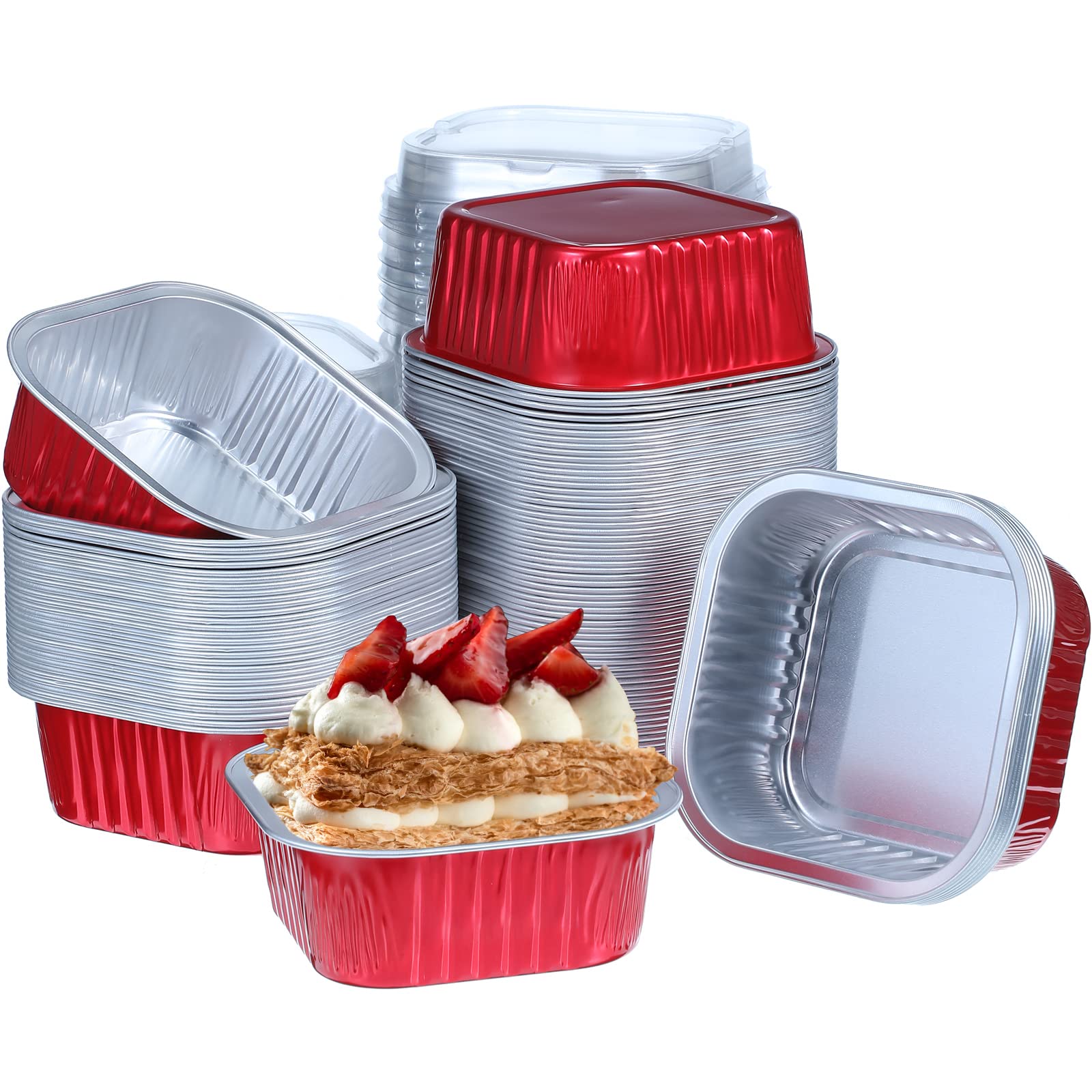 100 Set Aluminum Foil Baking Cups 10 oz Cupcake Liners with lids Disposable Mini Dessert Cups Cupcake Ramekins Containers Square for Cake Muffin Souffle Pudding Wedding Birthday Favor