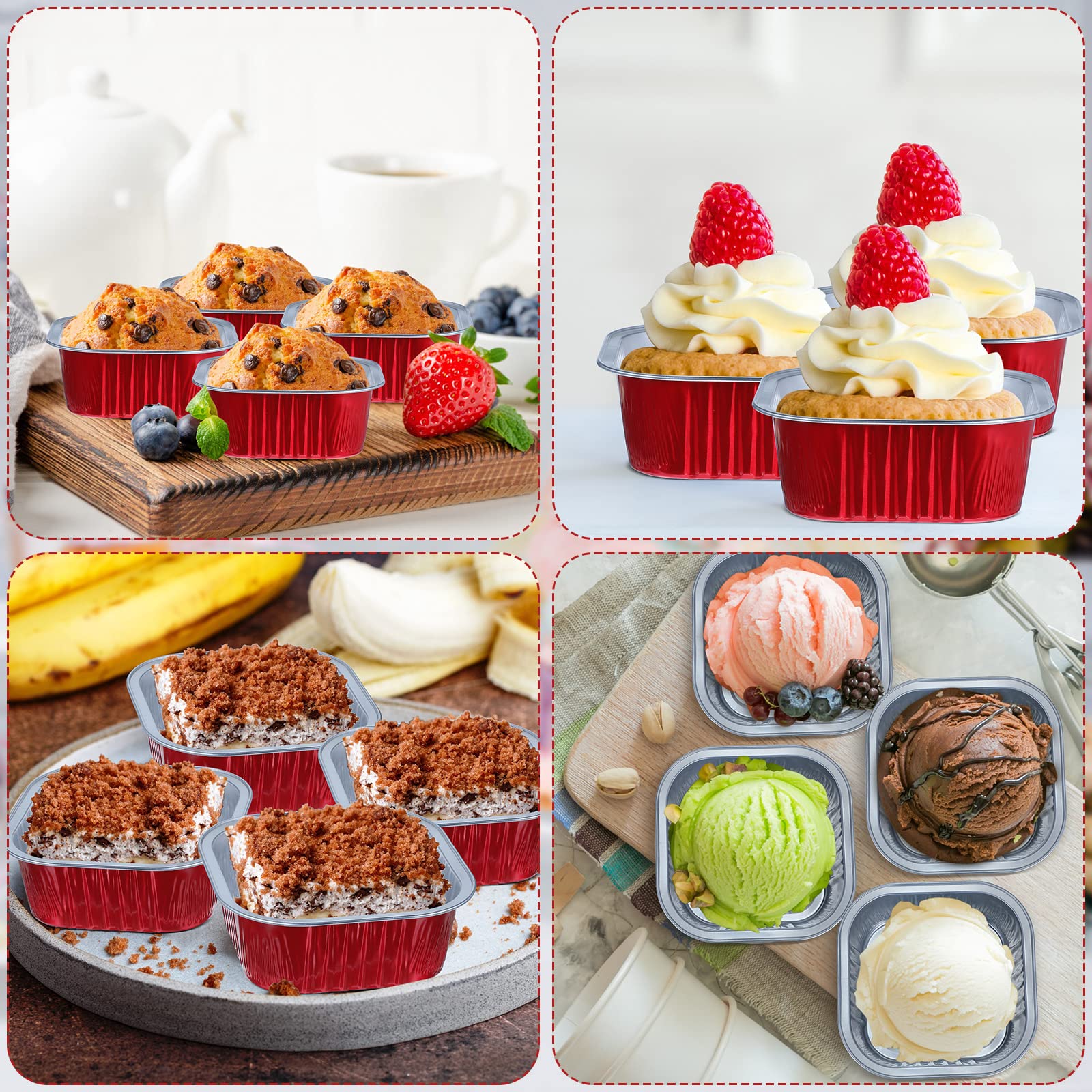 100 Set Aluminum Foil Baking Cups 10 oz Cupcake Liners with lids Disposable Mini Dessert Cups Cupcake Ramekins Containers Square for Cake Muffin Souffle Pudding Wedding Birthday Favor