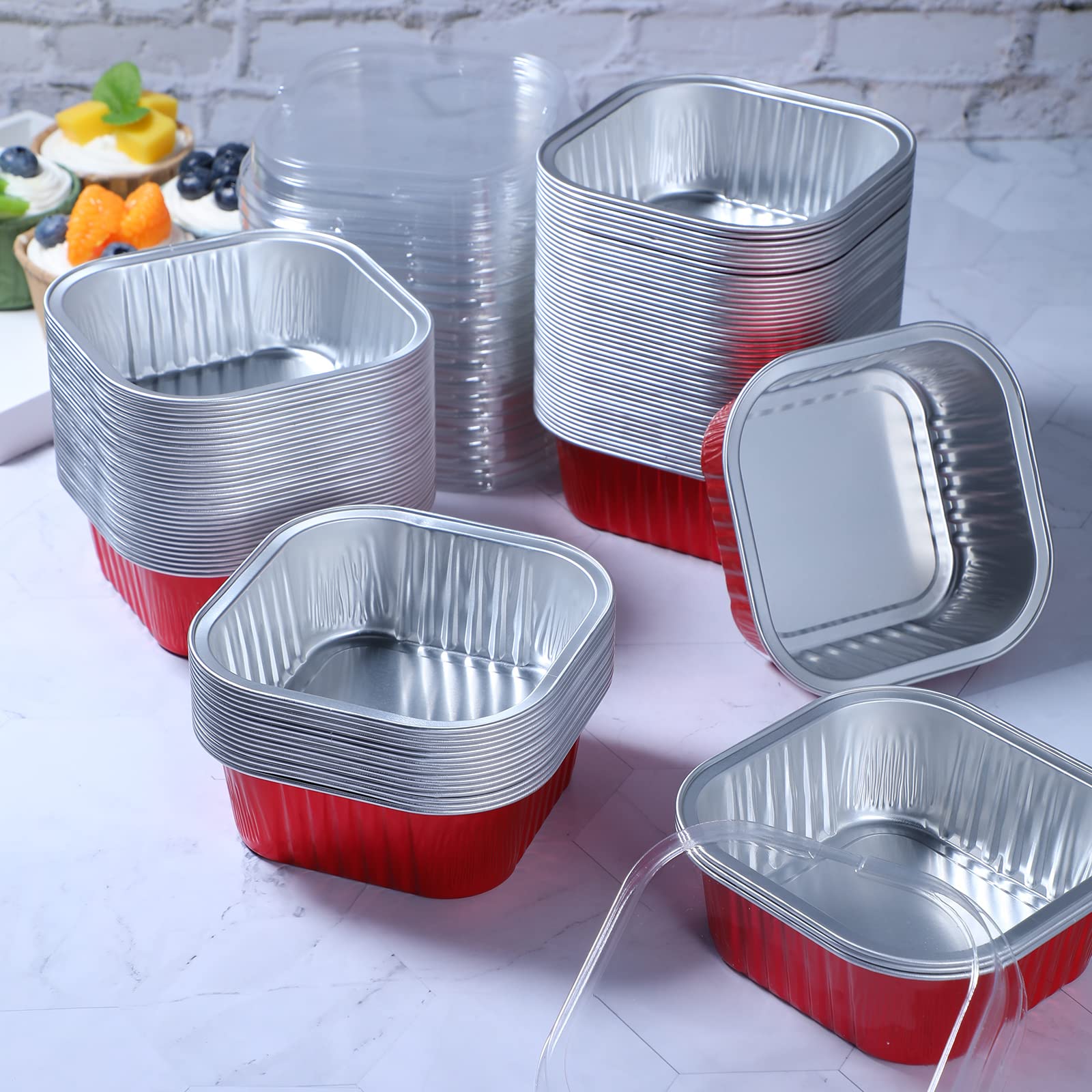 100 Set Aluminum Foil Baking Cups 10 oz Cupcake Liners with lids Disposable Mini Dessert Cups Cupcake Ramekins Containers Square for Cake Muffin Souffle Pudding Wedding Birthday Favor