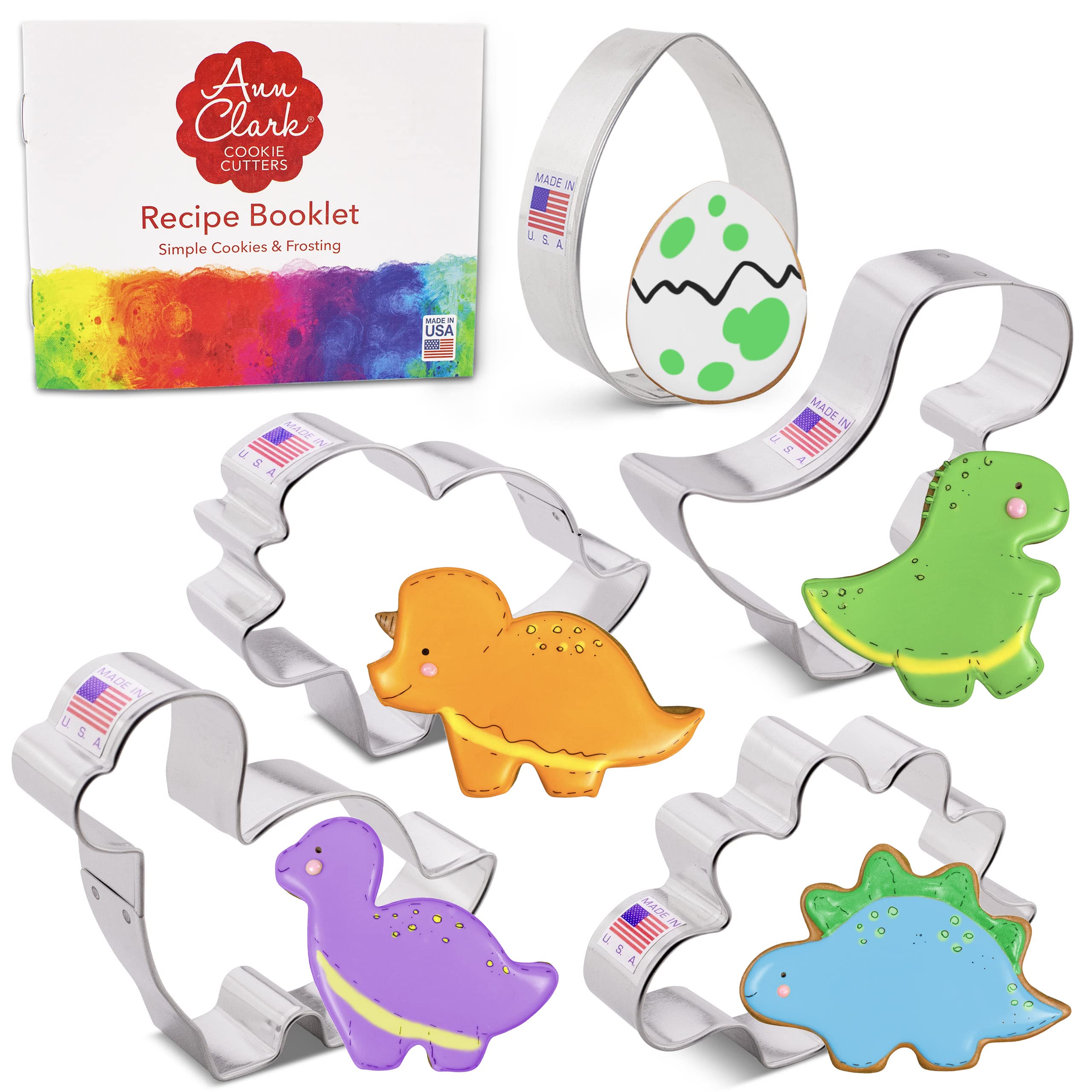 Dinosaur Cookie Cutters 5-Pc. Set Made in USA by Ann Clark, T-rex, Brontosaurus, Stegosaurus, Triceratops, Dino Egg