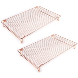 kingrol 2 pack stainless steel cooling racks with collapsible folding legs, stackable grid wire racks for cooking and baking, rose gold