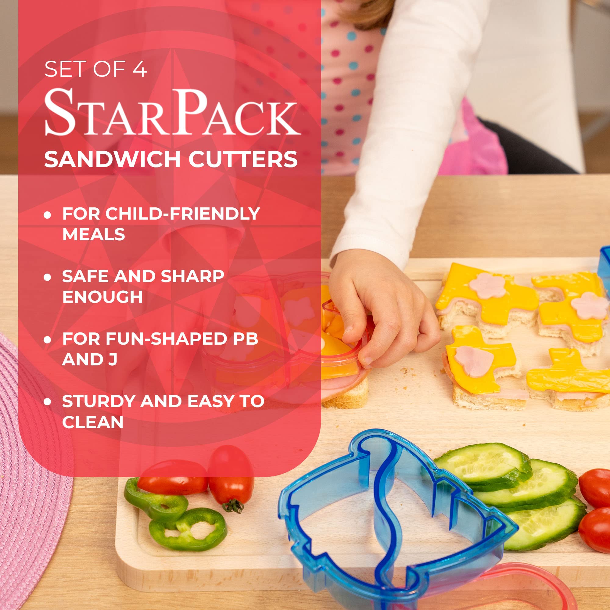 StarPack Sandwich Cutters for Kids - Includes 4 Sandwich Cutters - Each Bread Cutter & Sandwich Cutter for Kids Varies in Cute Color & Shape - Easy Crust Cutter Sandwich Fun for Bento Lunch Box