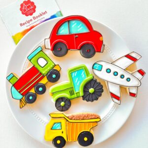 transportation and vehicles cookie cutters 5-pc. set made in usa by ann clark, tractor, train, dump truck, airplane, car