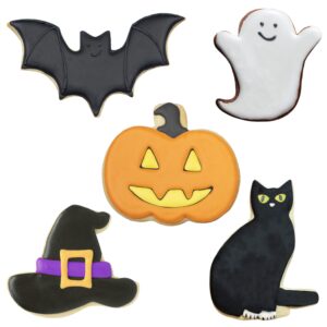 Halloween Cookie Cutters Premium 5-Pc. Set Made in USA by Ann Clark, Pumpkin, Ghost, Bat, Black Cat, Witch Hat