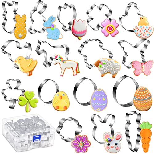 18 PCS Easter Cookie Cutters, 18 Shapes Cookie Cutters for Easter Rabbit Cookie Cutter Bunny Egg Cross Shamrock Butterfly Horse Tulip Flower Sheep Carrot Shape Cookie Cutter