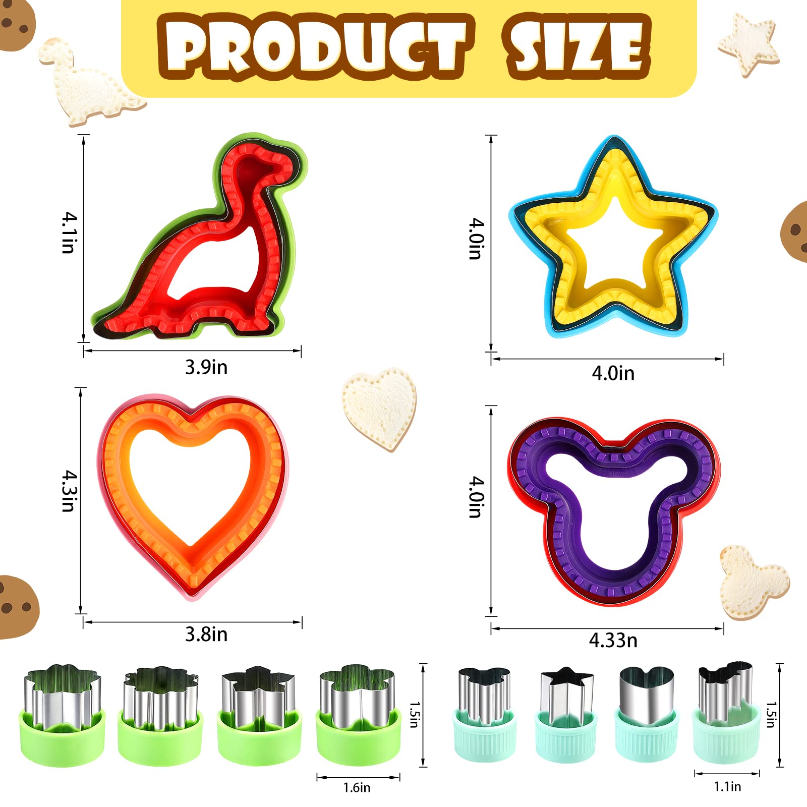 Elfkitwang Sandwich Cutter and Sealer Set,Dinosaur&Heart&Star Sandwich Bread Cookie Cutters -Child Food Grade Vegetable Cookie Mould.(12Pcs)