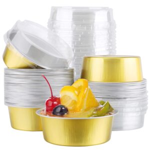 eusoar baking cups foil, 5oz 50pcs reusable cupcake cups with lids, 150ml pie ramekins, desserts flans, creme brulee cups, custard cake pudding cups, catering party favor-gold