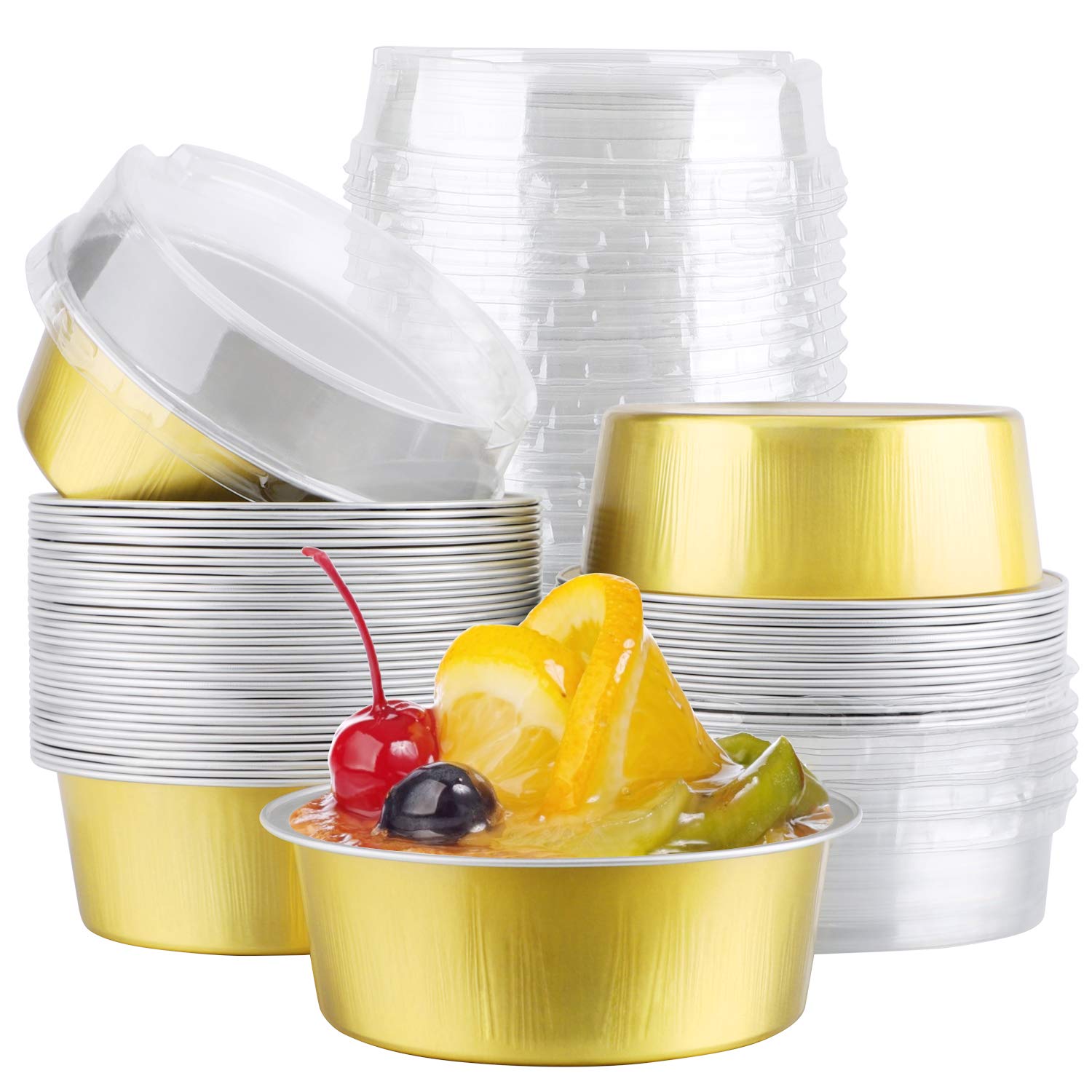 EUSOAR Baking Cups Foil, 5oz 50pcs Reusable Cupcake Cups with Lids, 150ml Pie Ramekins, Desserts Flans, Creme Brulee Cups, Custard Cake Pudding Cups, Catering Party Favor-Gold