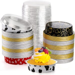 lyellfe 60 pack aluminum foil baking cups with lids, 6 oz foil baking cups, disposable aluminum muffin dessert cups for pudding, souffle, creme brulee, ramekins, wedding, party and holidays