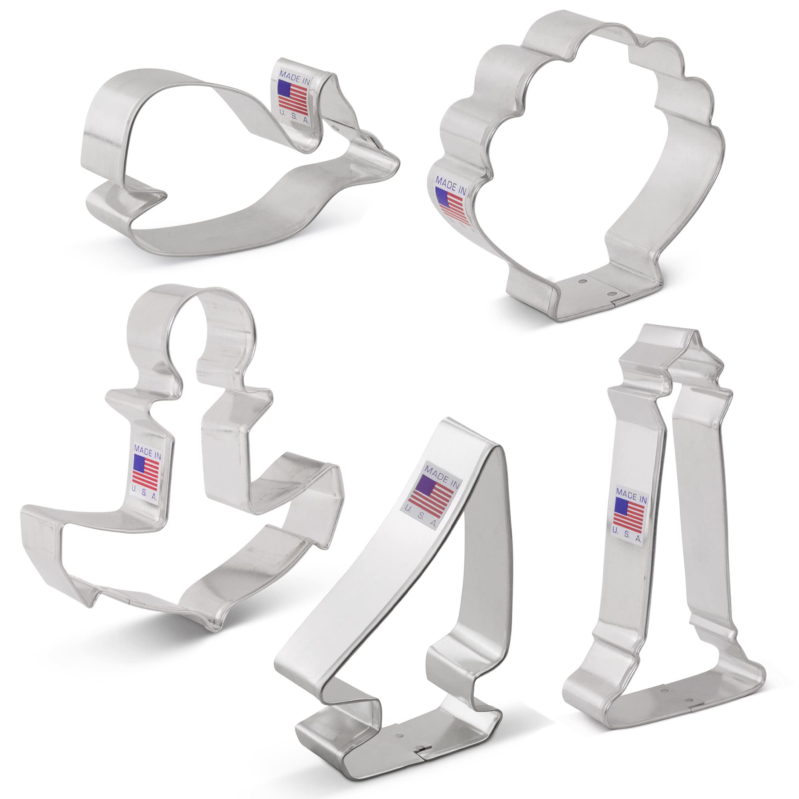 Nautical Ocean Cookie Cutters 5-Pc. Set Made in USA by Ann Clark, Anchor, Sailboat, Lighthouse, Seashell, Whale