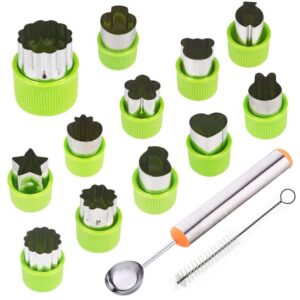 timgou 12 pcs vegetable fruit cutter shapes set with melon baller scoop and cleaning brush, fruit and mini cookie stamps mold for kids crafts baking decorating food-green