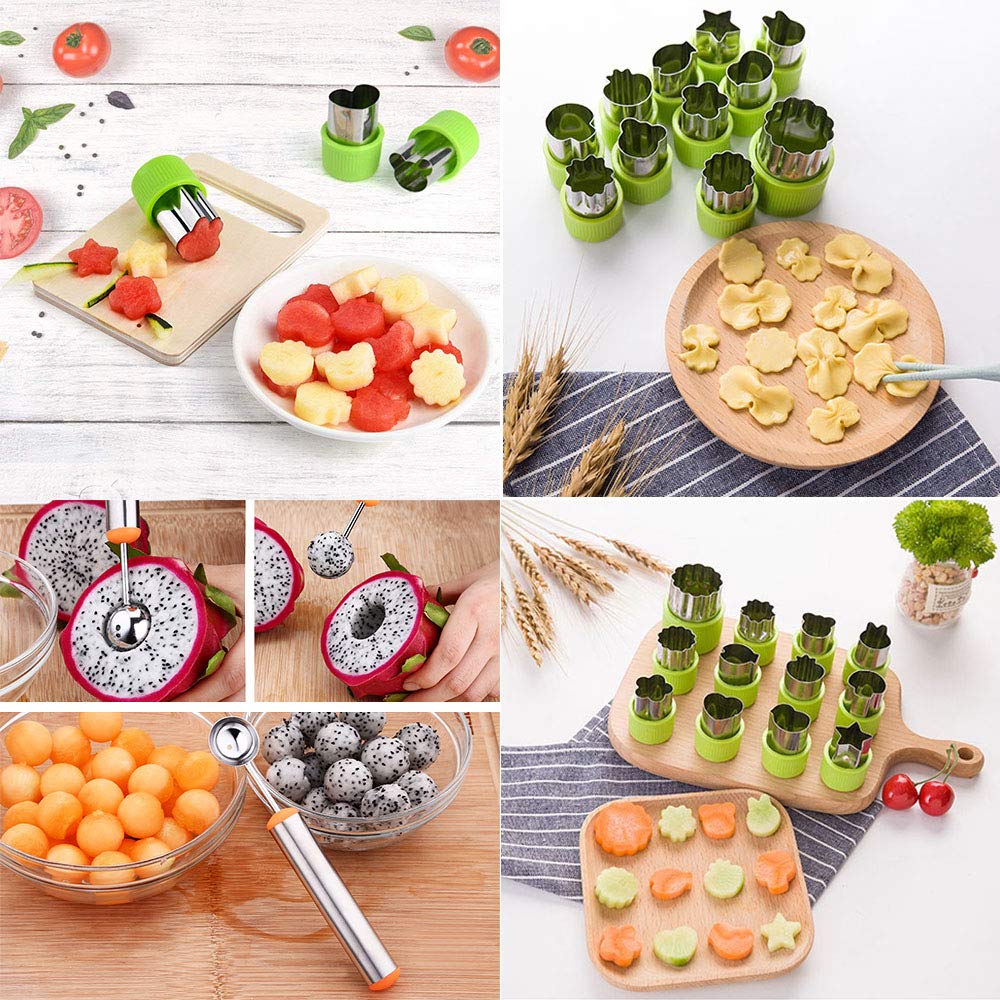 TIMGOU 12 Pcs Vegetable Fruit Cutter Shapes Set with Melon Baller Scoop and Cleaning Brush, Fruit and Mini Cookie Stamps Mold for Kids Crafts Baking Decorating Food-Green