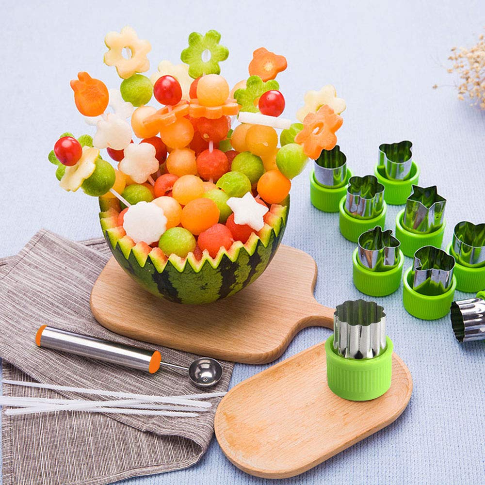 TIMGOU 12 Pcs Vegetable Fruit Cutter Shapes Set with Melon Baller Scoop and Cleaning Brush, Fruit and Mini Cookie Stamps Mold for Kids Crafts Baking Decorating Food-Green