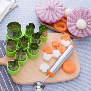 TIMGOU 12 Pcs Vegetable Fruit Cutter Shapes Set with Melon Baller Scoop and Cleaning Brush, Fruit and Mini Cookie Stamps Mold for Kids Crafts Baking Decorating Food-Green