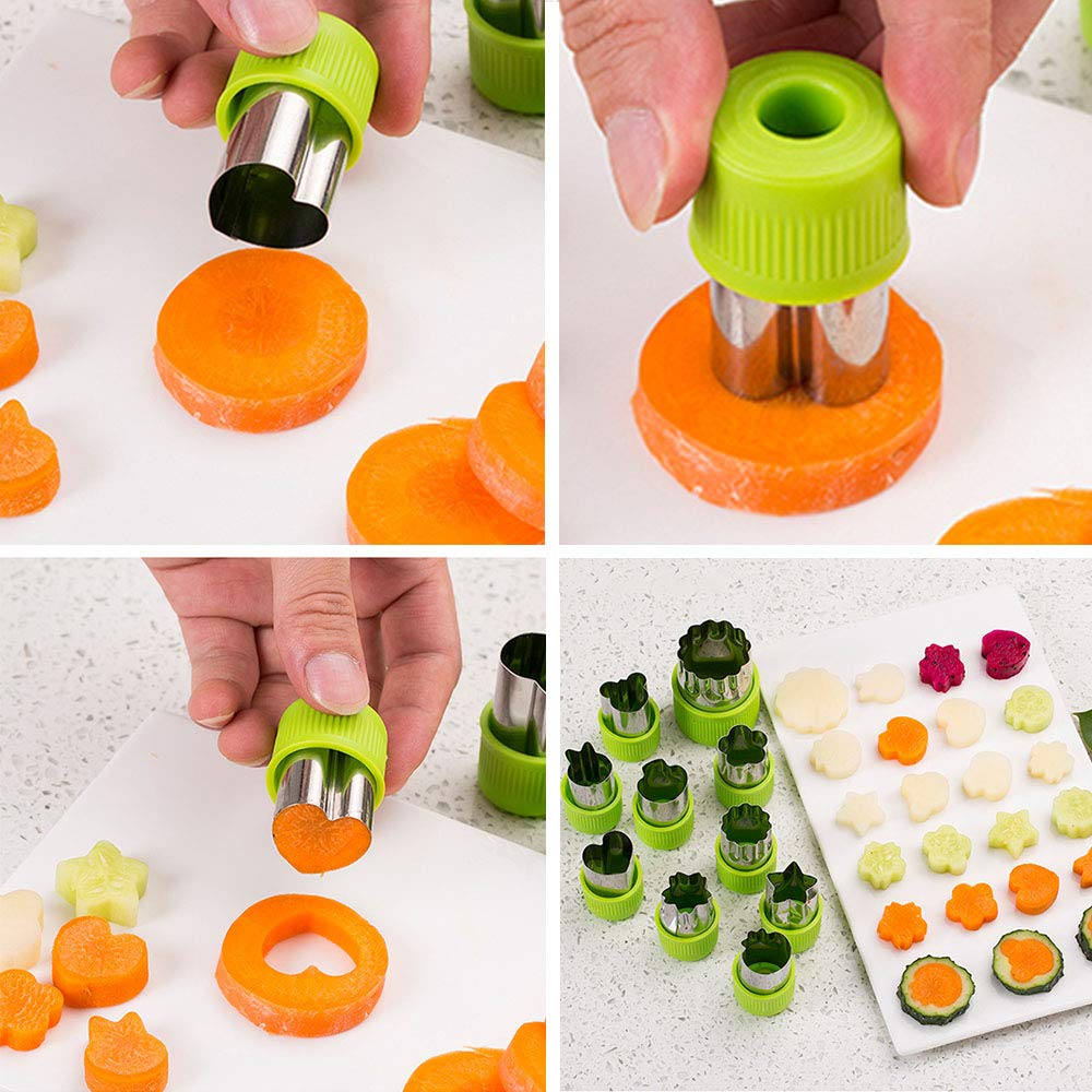 TIMGOU 12 Pcs Vegetable Fruit Cutter Shapes Set with Melon Baller Scoop and Cleaning Brush, Fruit and Mini Cookie Stamps Mold for Kids Crafts Baking Decorating Food-Green