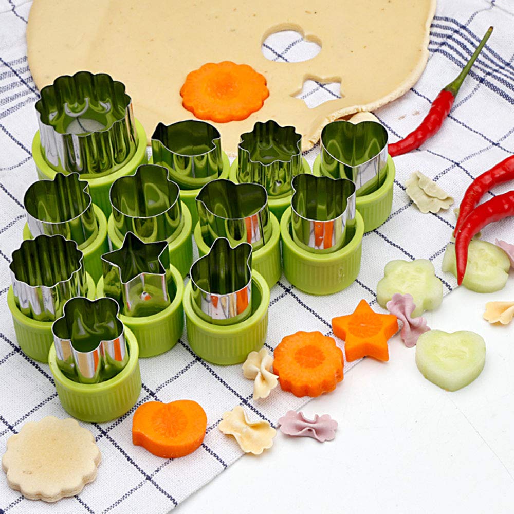 TIMGOU 12 Pcs Vegetable Fruit Cutter Shapes Set with Melon Baller Scoop and Cleaning Brush, Fruit and Mini Cookie Stamps Mold for Kids Crafts Baking Decorating Food-Green