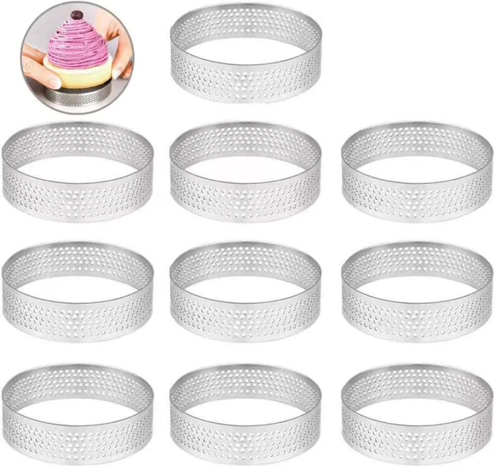 10 Pcs 2.37 Inch Stainless Steel Tart Ring, Heat-Resistant Perforated Cake Mousse Ring, Round Ring Baking doughnut tools (6cm)