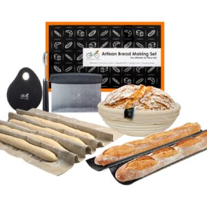 bread banneton proofing basket artisan baking kit gift set | 9" banneton bread proofing basket | 2 baguette baking pan | bread lame | flax linen couche | dough scraper | dough cutter
