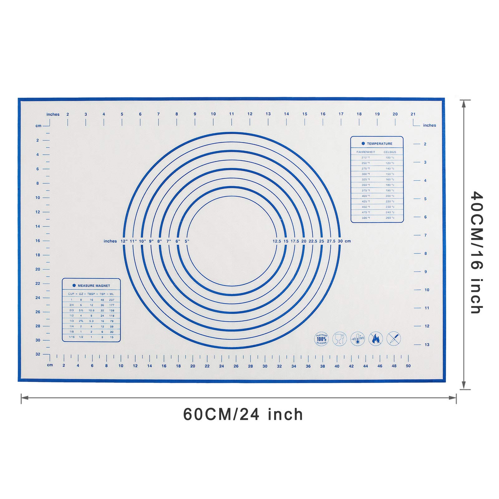 EasyOh Silicone Pastry Mat 100% Non-Slip with Measurement Counter Mat, Dough Rolling Mat, Pie Crust Mat 16 x 24 Inches Blue