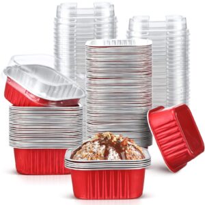 mimorou 100 pcs valentine's day red aluminum foil baking cups with lids 5oz baking liner cups disposable ramekin muffin cups desserts cupcake container for party holiday celebration