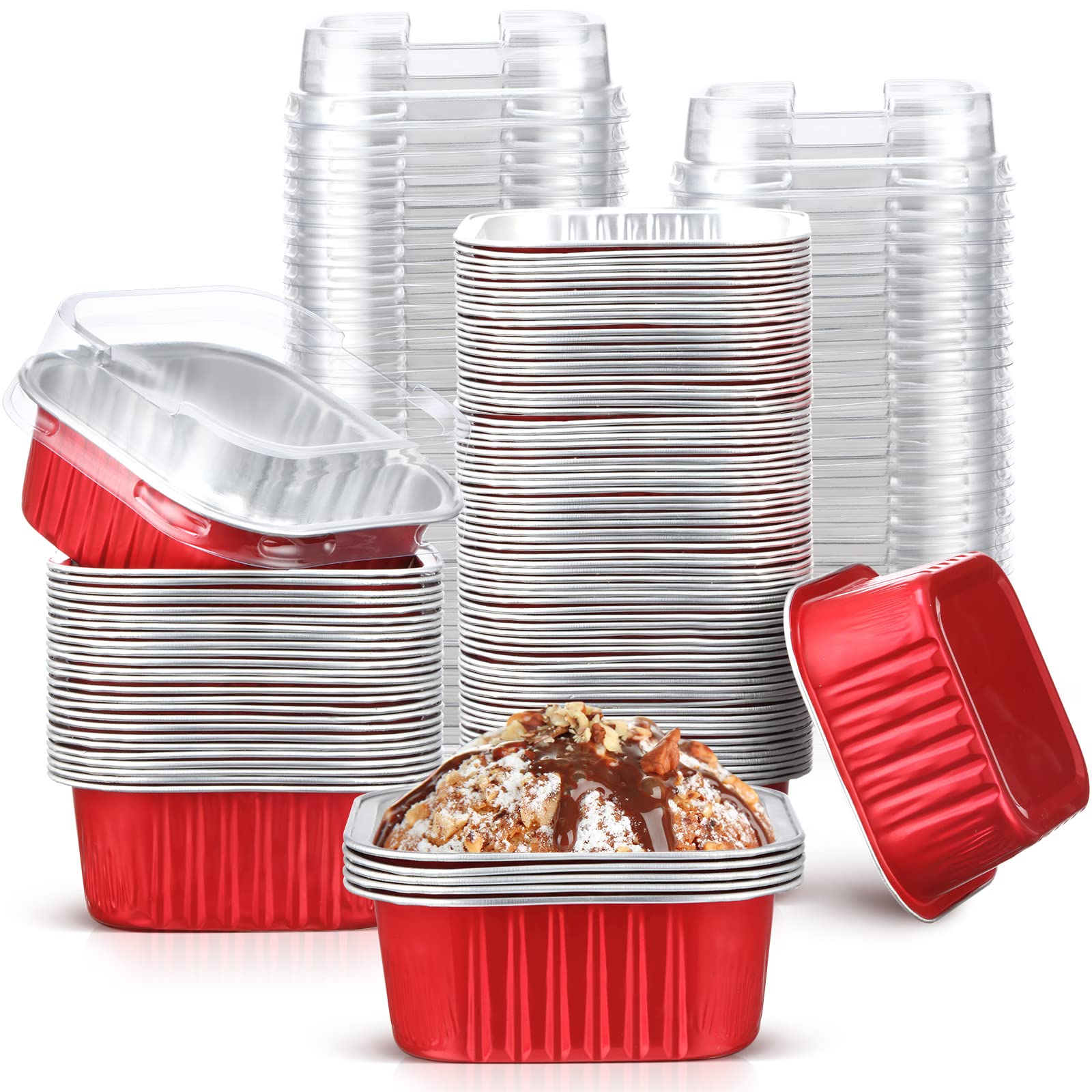 Mimorou 100 Pcs Valentine's Day Red Aluminum Foil Baking Cups with Lids 5oz Baking Liner Cups Disposable Ramekin Muffin Cups Desserts Cupcake Container for Party Holiday Celebration