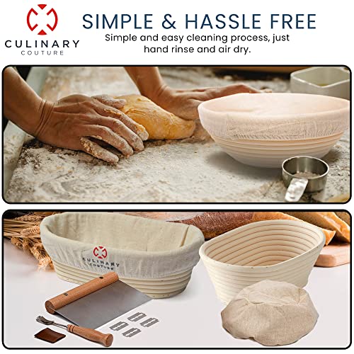 Banneton Bread Proofing Basket Set - 2 Oval 10" Bread Baskets with Liners and bread making tools - Sourdough Proofing Baskets - Bread Baking & Sourdough Starter Kit by Culinary Couture