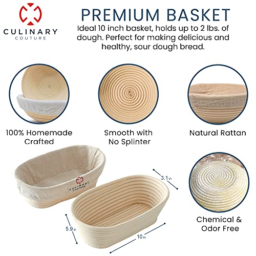 Banneton Bread Proofing Basket Set - 2 Oval 10" Bread Baskets with Liners and bread making tools - Sourdough Proofing Baskets - Bread Baking & Sourdough Starter Kit by Culinary Couture