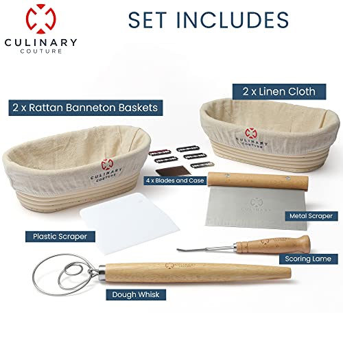 Banneton Bread Proofing Basket Set - 2 Oval 10" Bread Baskets with Liners and bread making tools - Sourdough Proofing Baskets - Bread Baking & Sourdough Starter Kit by Culinary Couture