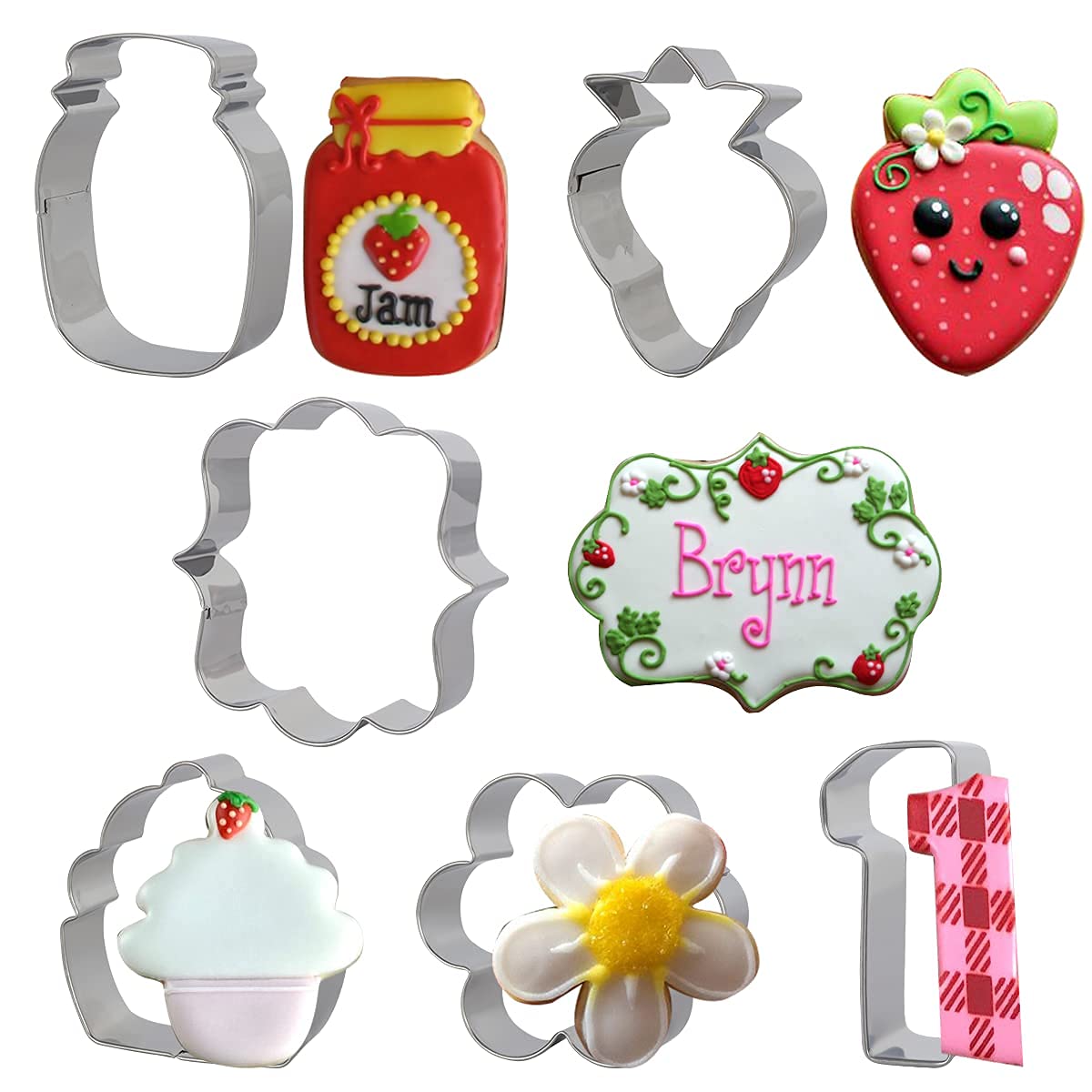 Fangleland Fruit Cookie Cutter Set Strawberry Theme Stainless Steel Molds 7 Packs for Berry Girl Sweet 1st Birthday Baby Shower Cake Fondant Biscuit Decorations