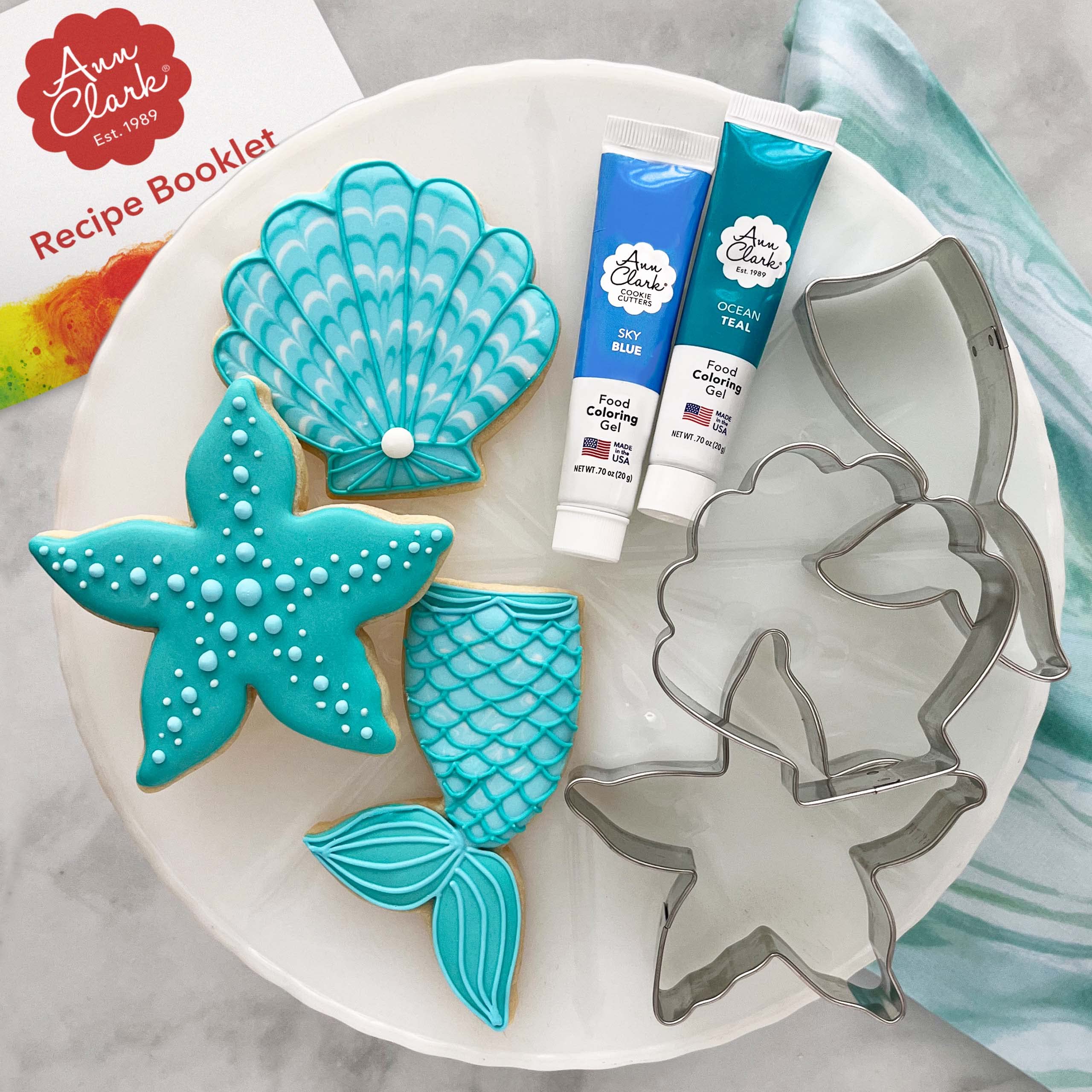 Mermaid Cookie Cutters and Decorating 5-Pc. Set Made in USA by Ann Clark, Starfish, Seashell, Mermaid Tail, Teal & Sky Blue Food Coloring Gel