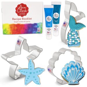 Mermaid Cookie Cutters and Decorating 5-Pc. Set Made in USA by Ann Clark, Starfish, Seashell, Mermaid Tail, Teal & Sky Blue Food Coloring Gel