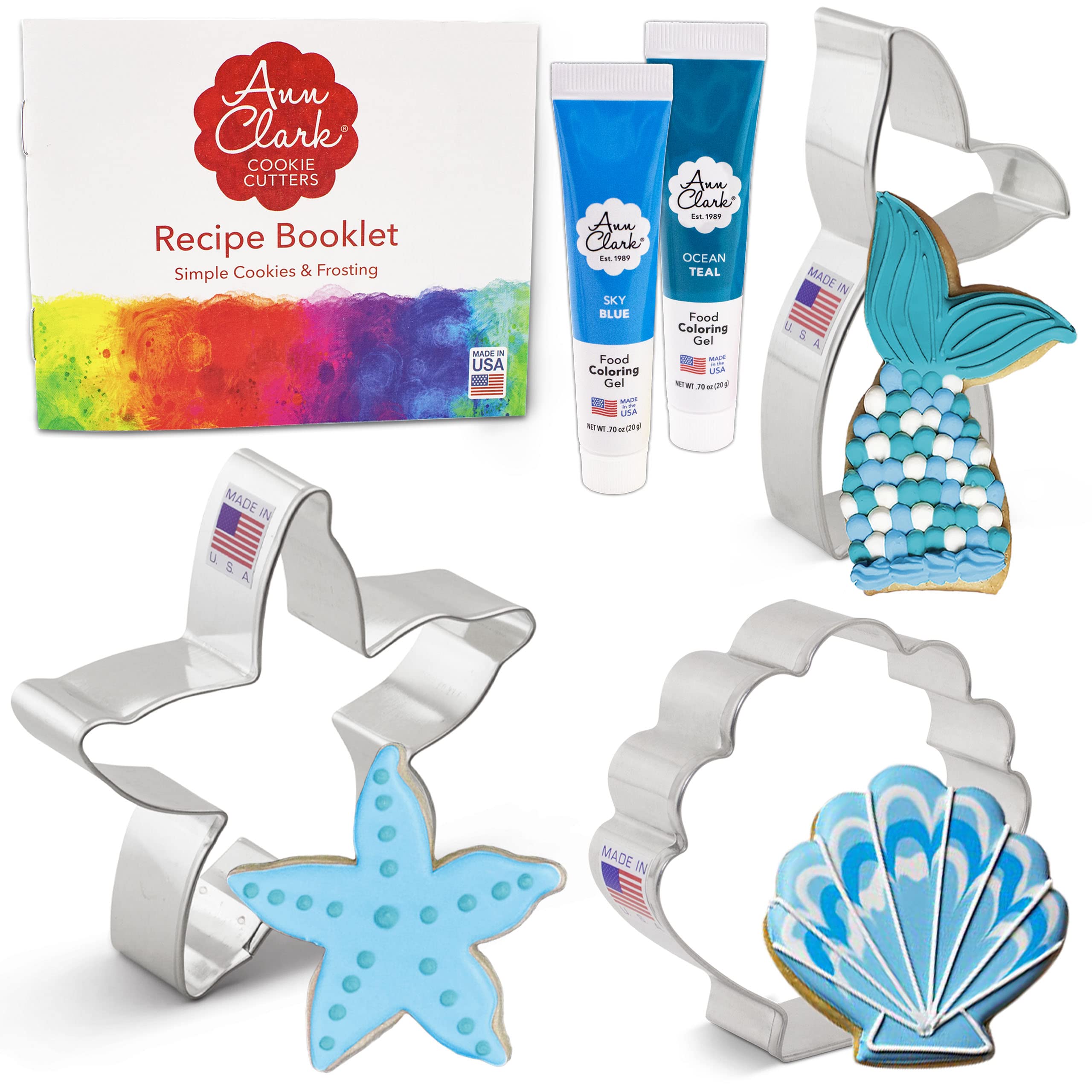 Mermaid Cookie Cutters and Decorating 5-Pc. Set Made in USA by Ann Clark, Starfish, Seashell, Mermaid Tail, Teal & Sky Blue Food Coloring Gel