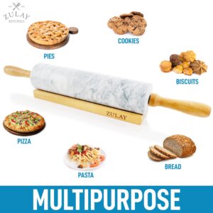 Zulay Kitchen 17-Inch Marble Rolling Pin With Stand - Polished Marble Rolling Pins For Baking - Long Rolling Pin Marble With Beechwood Handle - Non-stick Roller Pin For Baking Pastries, Bread & Pizza