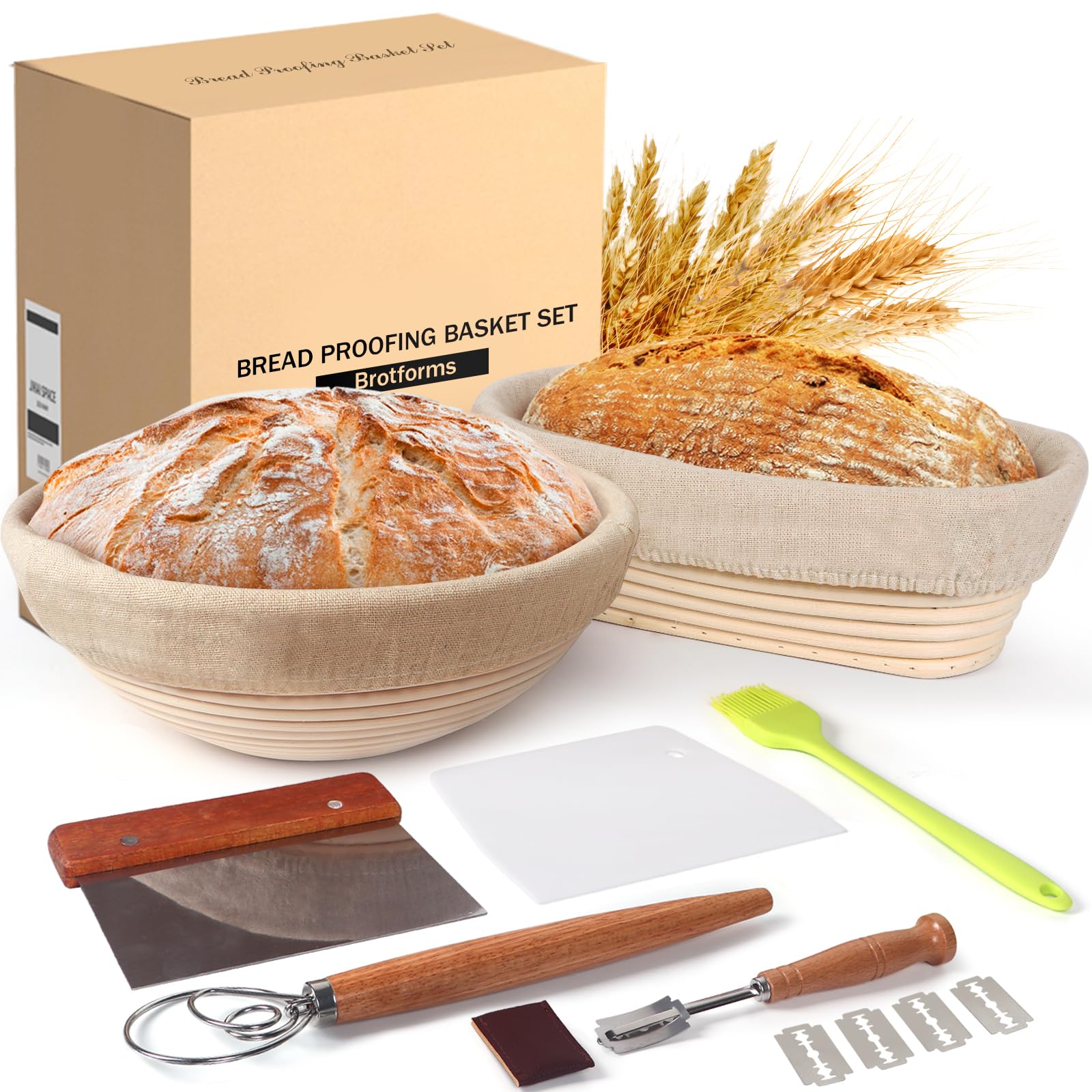 Lokeisna Bread Proofing Basket Set of 2, 10 Inch Round &Oval Cane Sourdough Proofing Basket with Bread Baking Supplies-Bread Lame, Danish Whisk, Bowl Scraper & Dough Scraper, Wonderful gift for Bakers