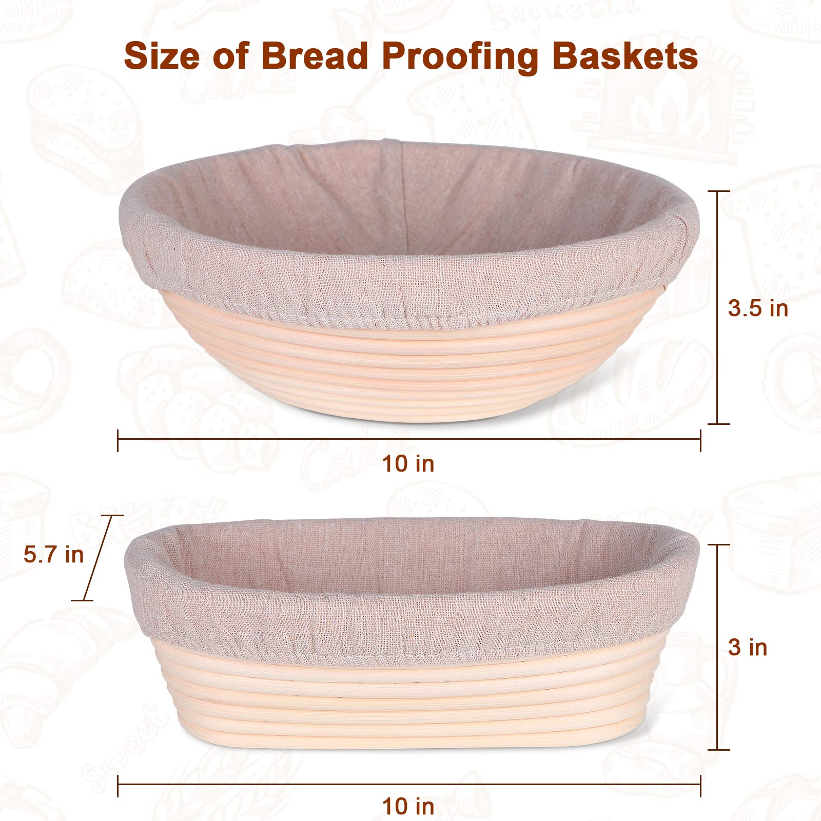 Lokeisna Bread Proofing Basket Set of 2, 10 Inch Round &Oval Cane Sourdough Proofing Basket with Bread Baking Supplies-Bread Lame, Danish Whisk, Bowl Scraper & Dough Scraper, Wonderful gift for Bakers