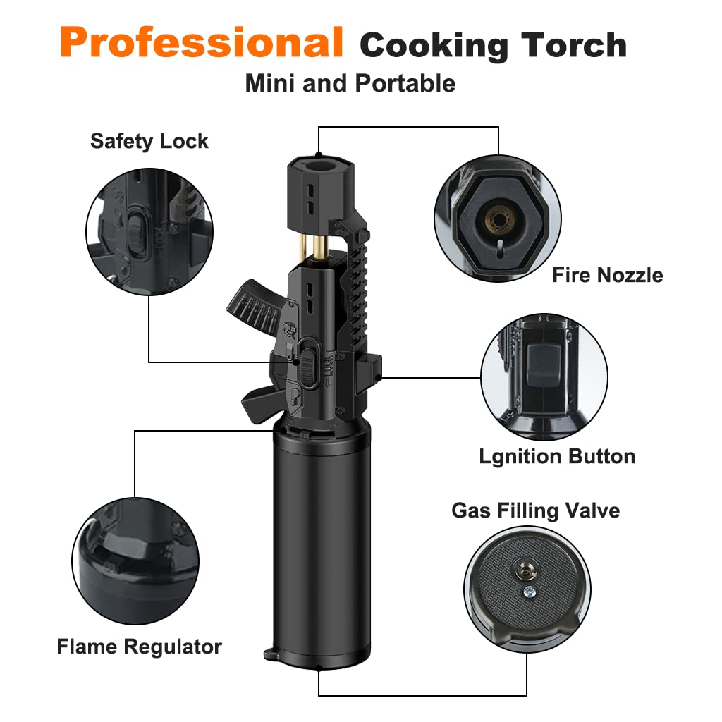 JETPRO Torch Lighter One-Hand Operation Kitchen Cooking Torch with Adjustable Flame (Butane Gas Not Included) (Black)