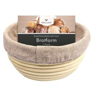 vollum bread proofing basket banneton baking supplies for beginners & professional bakers, handwoven rattan cane bread maker with linen for artisan breads, 7 x 4 inch, 0.5-pound round brotform