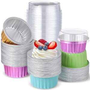 200 pcs aluminum foil cupcake baking cups 4.2 oz disposable ramekins cupcake liners dessert cups with lids mini cake pans holders mini cheesecake container for valentine's day party (vivid colors)
