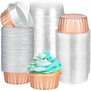 gejoy 200 pack aluminum foil cupcake baking cups 5oz rose gold cupcake liners dessert cups with lids disposable cupcake cups mini cake containers flan molds tin mini muffin liners for wedding birthday