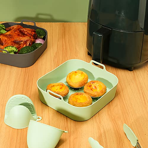 7.5 Inch Air Fryer Liner Silicone,5-7 QT Square Shaped Silicone Air Fryer Liners Bigger Size than Round Shaped to Avoid Cleaning Air Fryer (Square-light green& gray)