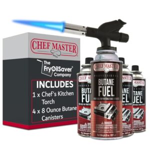 chef master 90014 butane torch lighter, kitchen torch, firestick lighter, cooking torch, blow torch for cooking, food torch, chef torch, fire log lighter - 4 x 8oz butane fuel included