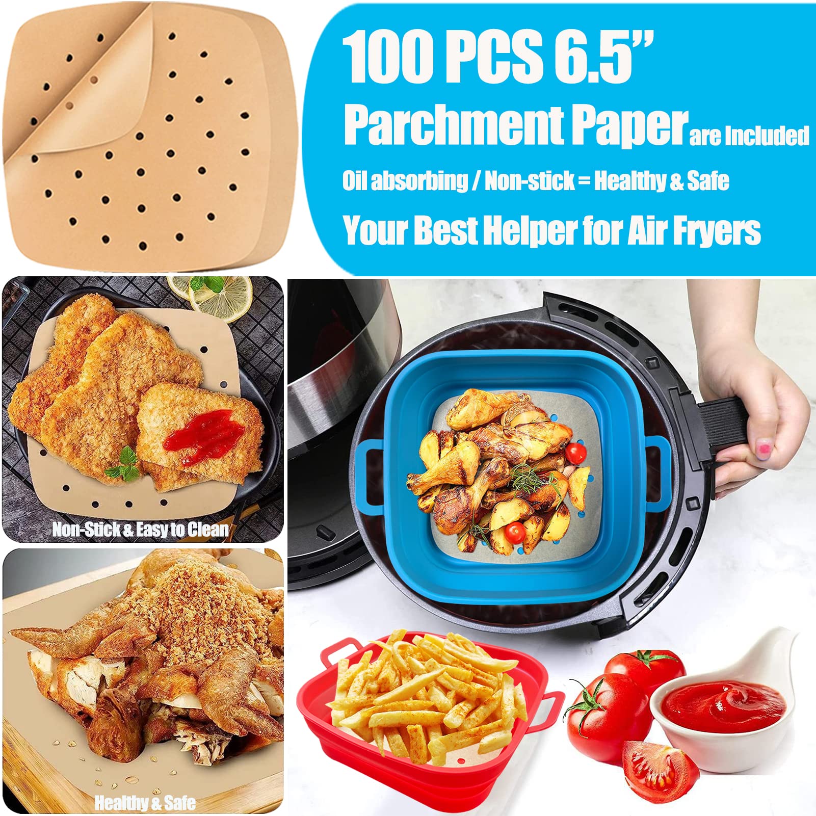 Silicone Air Fryer Liners, DERGUAM Flodable Air Fryer Liners with 100PCS Air Fryer Liners Parchment Paper Liners, Reusable Air Fryer Silicone Liners Square, 8in Fits for 4-8Qt Air Fryer/Oven, 2Pcs