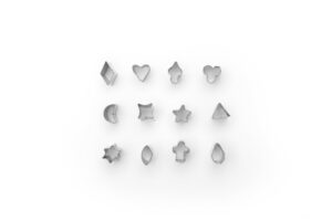 fox run mini shapes fondant cutter set, small star, diamond, heart, clover, spade, moon, oval, 12-piece, stainless steel
