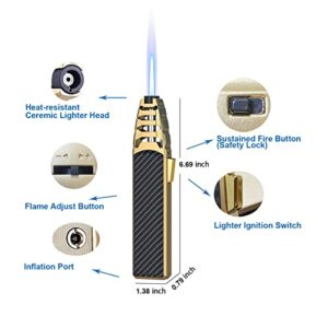 Jnfire Butane Torch Lighter Refillable Windproof Single Jet Torch Lighters Adjustable Flame with Gift Box for Kitchen Dining, BBQ Camping Hiking Without Butane-Black Gold Color