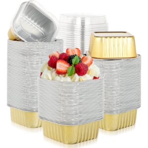 200 pcs 5 oz aluminum foil baking cups with lids 150 ml foil cupcake containers disposable ramekins mini creme brulee pudding cups square muffin liners flan cups for wedding christmas birthday party