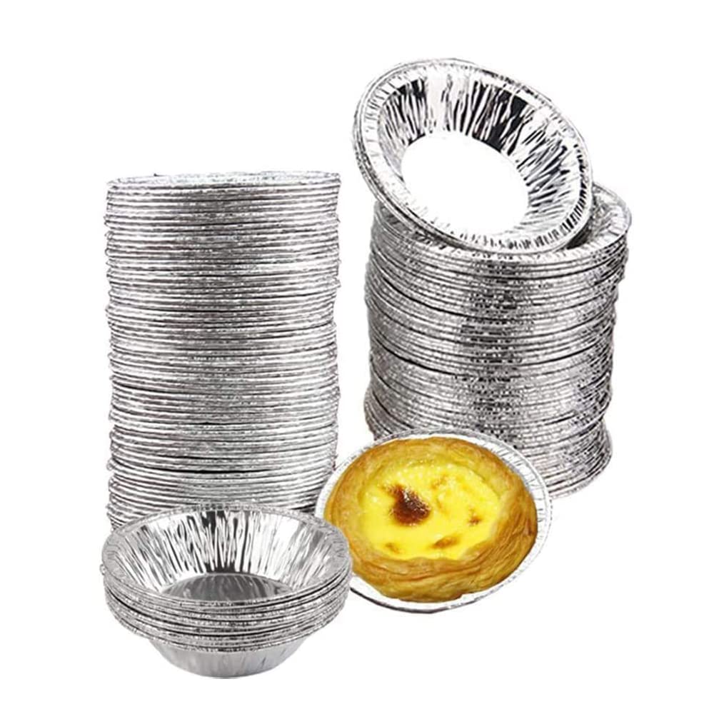 SECALIFE 100 PCS Foil Trays Muffin Cases Disposable Aluminum Foil Cups Round Mini Egg Tart Cases Mold for Cake Tarts Cupcakes, Foil Pudding Dishes Basins Pancake Bun Cases Tin Pie Trays for Baking